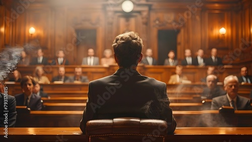 Legal Trial Scene: Public Defender, Male Witness, Judge, Jury, and Lawyers. Concept Courtroom Drama, Legal Proceedings, Justice System, Witness Testimony, Legal Professionals