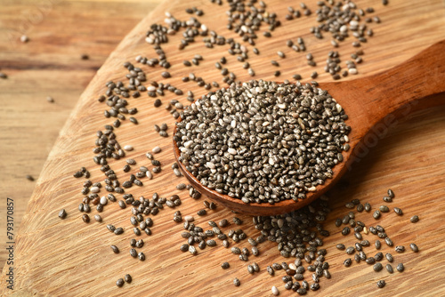 Close up of chia seeds in a wooden spoon. Chia seeds contain fibre and omega-3 fatty acids, protein, many essential minerals and antioxidants. Healthy eating concept. photo