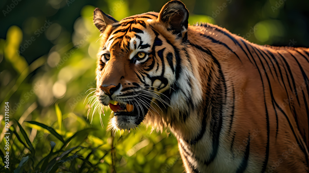 Fototapeta premium A majestic tiger prowls in the grass