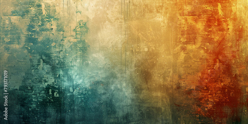 Majestic abstract background, grunge texture, copy space. The wall is covered with gold, yellow, red and aquamarine paint photo