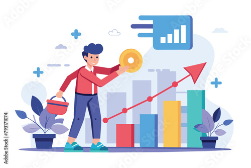 A man stands on a bar chart, holding a donut, Finding business system defects to increase business profits trending, Simple and minimalist flat Vector Illustration