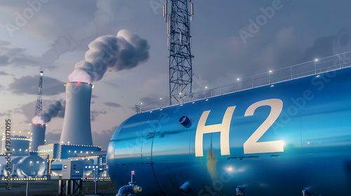 Close up of an industrial H2 fuel storage tank with a hydrogen power plant background symbolizing the transition to net zero emissions by 2050