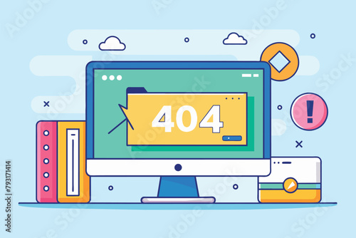 Computer Screen Showing 404 Error, fix 404 error page design concept computer screen with error, Simple and minimalist flat Vector Illustration