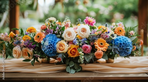  blooms fill a bowl, fabric gently swathes tabletop photo