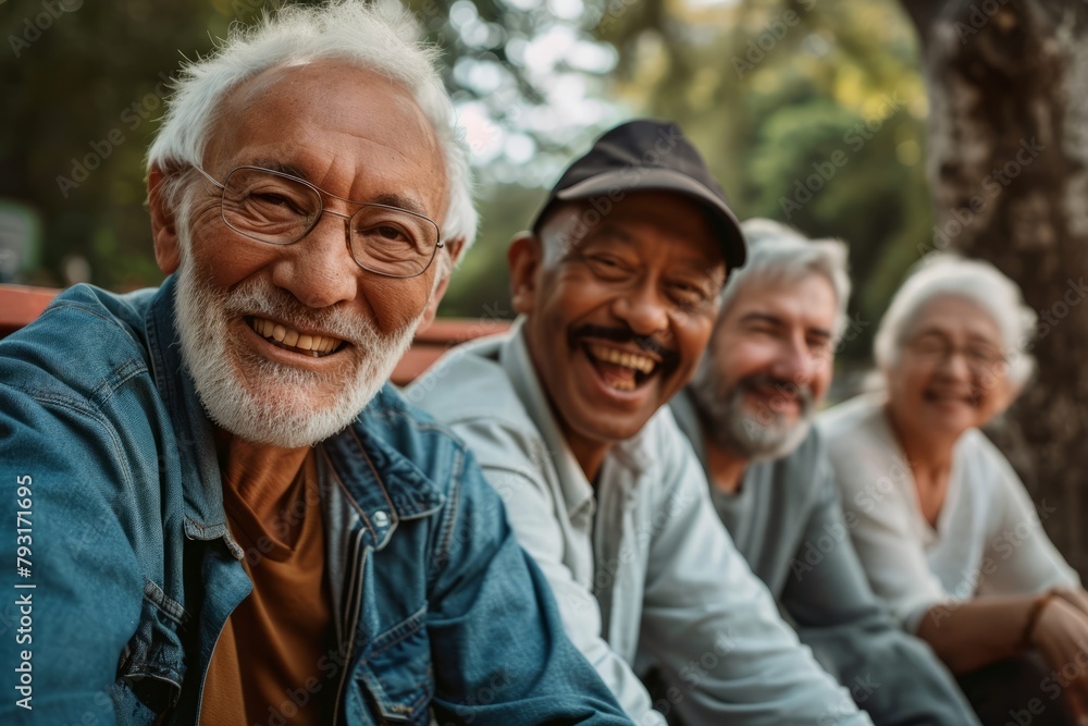 Happy senior friends sitting on bench in park and laughing. Elderly people spending time together. Happy senior friends sitting on bench in park and laughing. Elderly people spending time together.