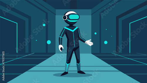 A person standing in an empty room wearing a VR suit and gloves silently navigating a virtual world through their thoughts..