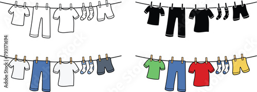 Clothes Line or Clothing Hanging on a Laundry Line Clipart - Outline, Silhouette & Color