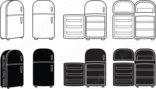 Retro 50s, 60s Fridge or Refrigerator with Freezer Clipart Set, Open and Closed Doors, Outline and Silhouette