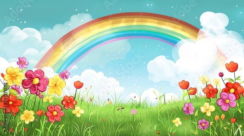 This is an image of a rainbow over a field of flowers. The flowers are mostly red, yellow, and pink. There are clouds in the sky and the sun is shining.