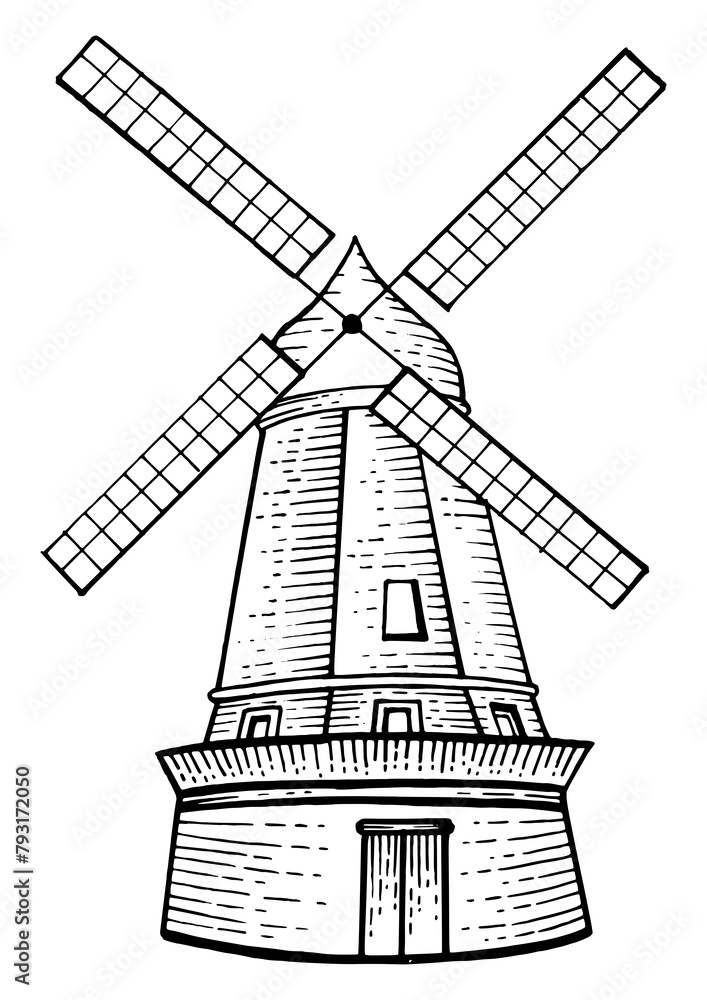 Old windmill sketch engraving PNG illustration. Scratch board style imitation. Hand drawn image.