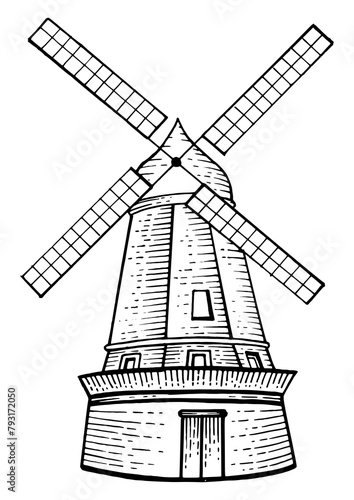 Old windmill sketch engraving PNG illustration. Scratch board style imitation. Hand drawn image.