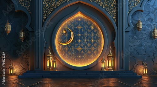 There is an image of a gold crescent moon and stars on a blue background with a Moroccan-style arch at the top. There are also gold lanterns on either side of the moon and stars. photo
