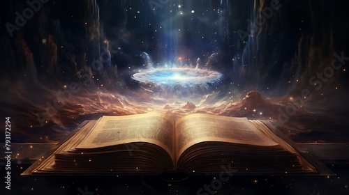 A book drifting through the cosmos, its pages filled with the mysteries of the universe waiting to be unraveled