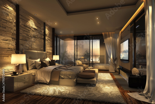 Wallpaper Mural A room with panoramic windows and a large TV. An expensive and very beautiful bedroom with a large gray carpet. A cozy room with pleasant lighting and a large bed. Torontodigital.ca