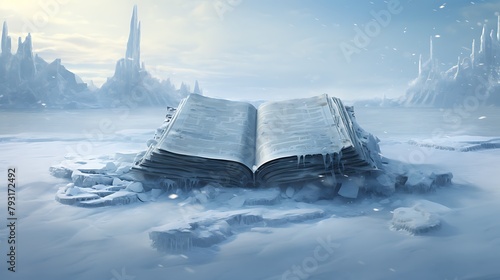 A book embedded in the ice of a frozen wasteland, its frost-covered pages preserving the stories of a forgotten civilization