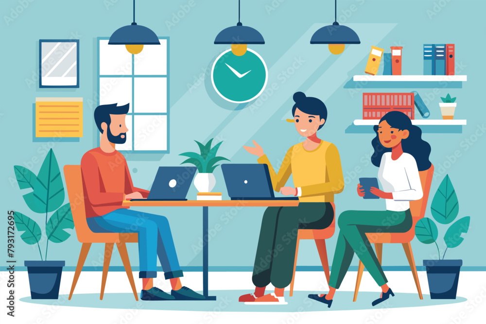 Three individuals sit at a table, engrossed in work on a laptop, Flat hand drawn formal people working and discussing indoors, Simple and minimalist flat Vector Illustration