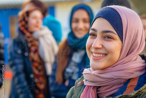 portrait of a young woman in a headscarf in a refugee camp. World Refugee Day. integration into society, world volunteer day photo
