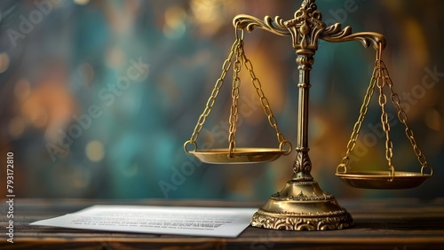 Elegant desk with legal document golden scales of justice in frame. Concept Legal Documents, Scales of Justice, Elegant Desk, Office Setting