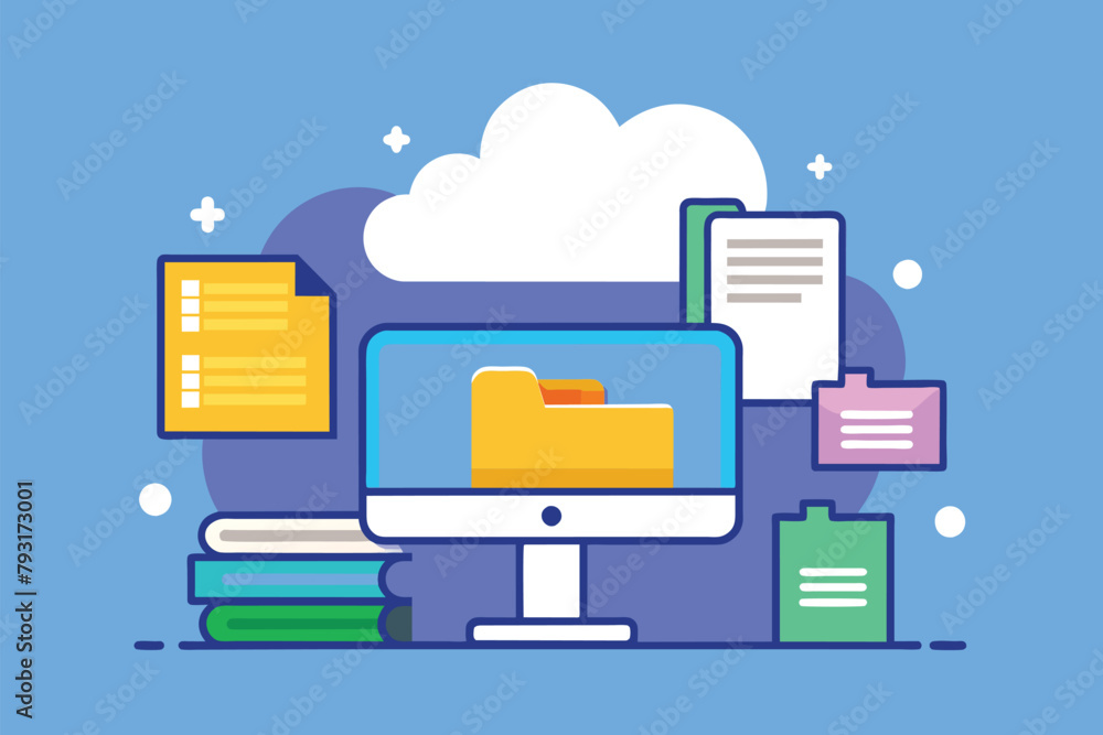 A computer screen displaying information with a cloud icon above it, Folder icon set with computer and cloud, Simple and minimalist flat Vector Illustration A computer screen displaying information with a cloud icon above it, Folder icon set with computer and cloud, Simple and minimalist flat Vector Illustration