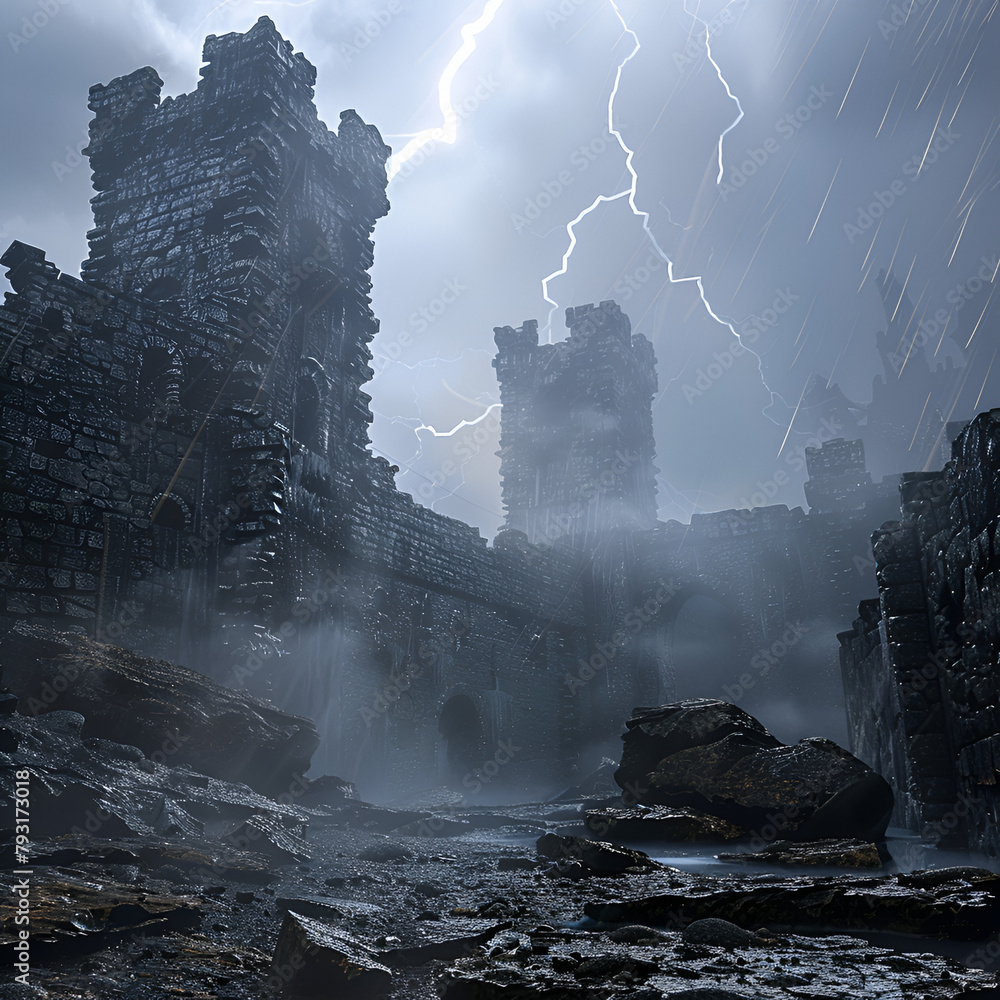 an old rempart, damaged, you can see a part of an old castle in the mist, with lightning in the sky background