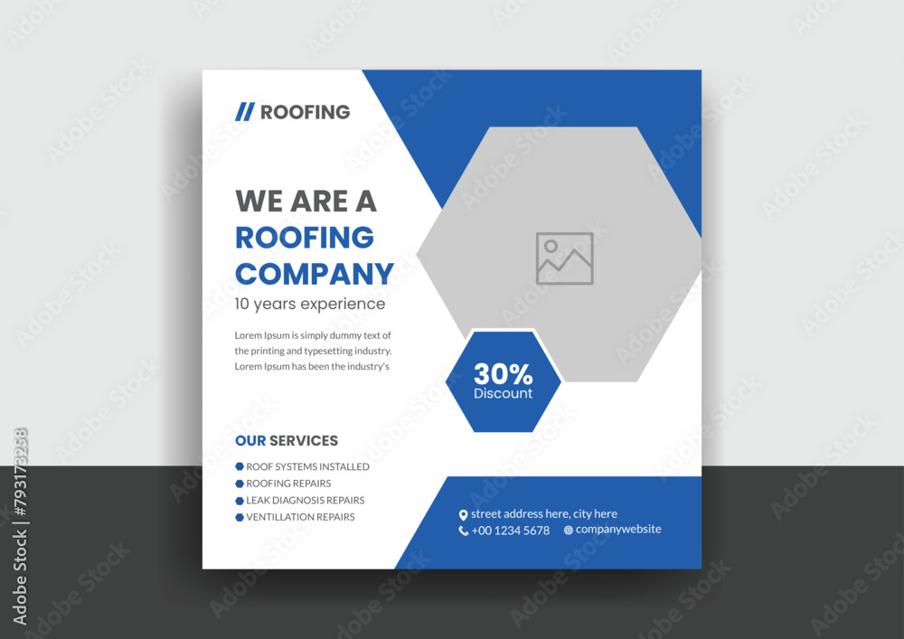 Roofing service social media post banner template with professional handyman home repair web banner design layout