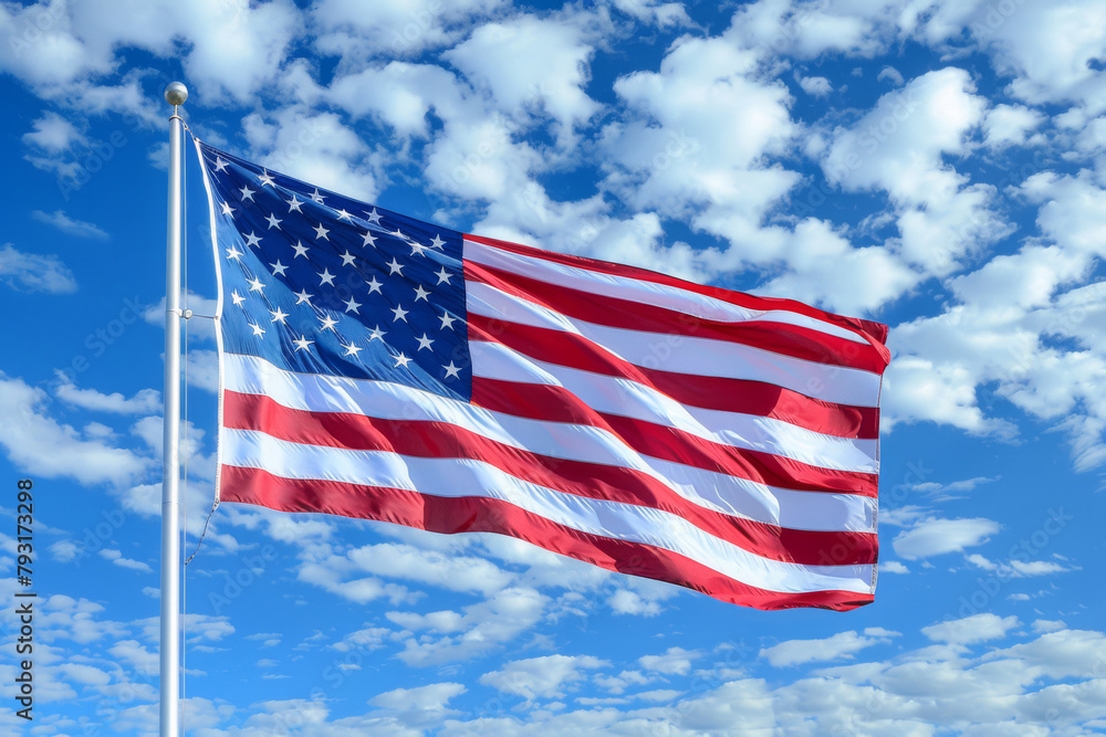American flag on a blue sky background in close-up. The US flag is fluttering in the wind.
