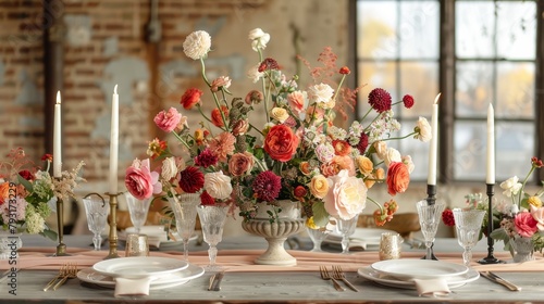   A table  topped with a vase brimming with numerous flowers  stands adjacent to another table laden with plates and utensils