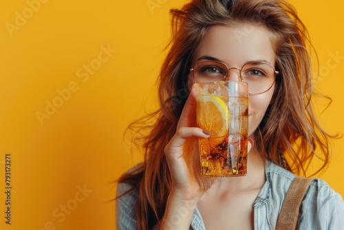 Close up portrait of woman with cocktail drink on yellow wooden background. Banner. summer. Cold lemon tea