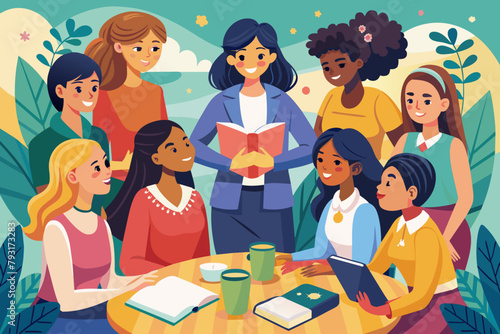 illustration of a diverse group of women mentoring young girls  fostering future leaders.