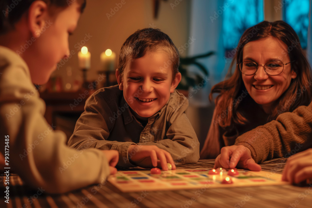 Fototapeta premium Family playing board game at home. Children and parents play a strategy game together. Brothers and sisters are connected. Educational toys. Friends enjoying game night. Family day, family game night