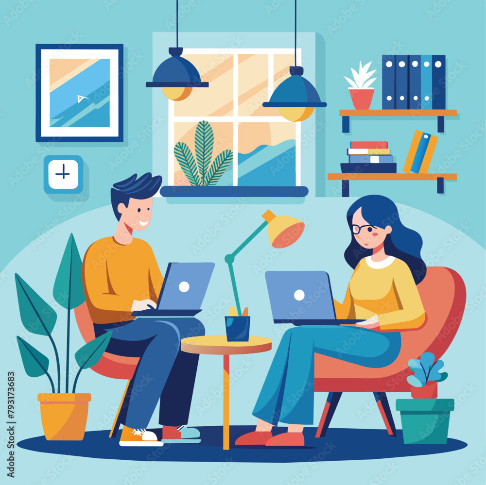 A man and woman sitting on a chair, both focused on their laptops, freelancers do assignments at home, Simple and minimalist flat Vector Illustration