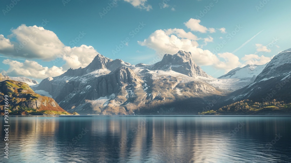Fototapeta premium Beautiful natural landscape with high mountains, blue sky and river