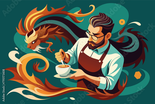 A barista, with a flourish, pours the perfect cup of latte art, a swirling dragon design adorning the creamy surface.