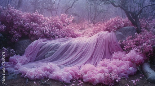   A woman in pink dress reclines on a forested rock amidst a bloom of pink flowers photo