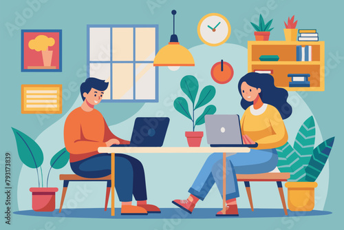 A man and woman are sitting at a table, focused on working on a laptop together, freelancers do assignments at home, Simple and minimalist flat Vector Illustration