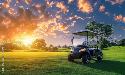 Golf cart car in fairway of golf course with fresh green grass field and cloudy sky and tree on sunset time