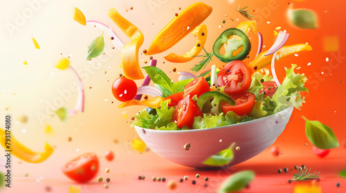 Fresh salad with flying vegetables on red background.