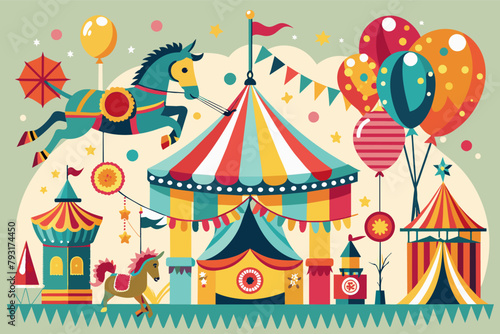 A birthday collage with a carnival theme, featuring carousel horses and circus tents