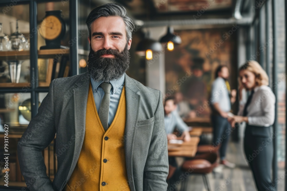 Handsome bearded man in stylish jacket looking at camera in cafe