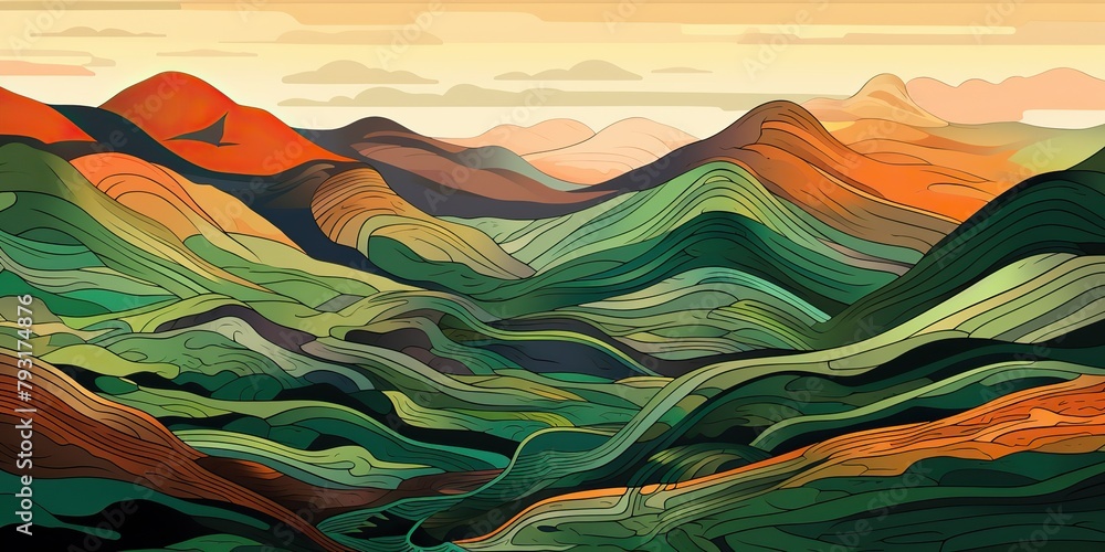 Obraz premium Lino cut of mountains and green fields in the style of colorful layered form. Nature outdoor landscape background scene
