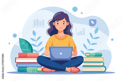 A woman sitting on a stack of books while using a laptop, girl in front of laptop sitting on stack of books online learning, Simple and minimalist flat Vector Illustration
