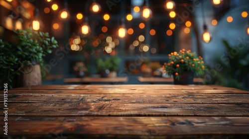 A wooden table is seen against a blurry abstract background of restaurant lights. © Diana
