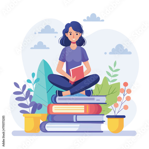 A woman is seated on a stack of books, Girl sitting on a pile of books. Concept illustration of online courses, Simple and minimalist flat Vector Illustration