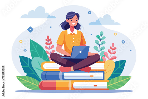 A woman sitting on a stack of books while using a laptop  Girl sitting on a pile of books. Concept illustration of online courses  Simple and minimalist flat Vector Illustration
