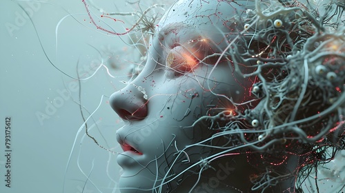 brain connected to the motherboard, abstract future technology concept illustration