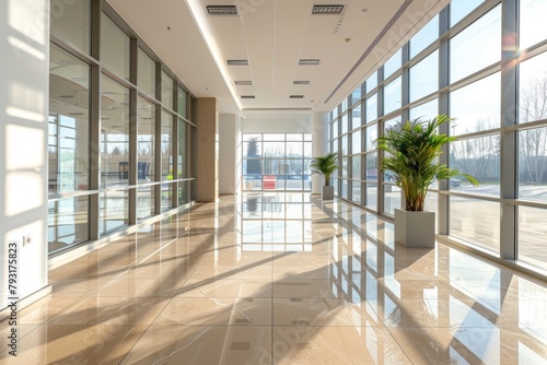 Modern office hall with panoramic windows in beige and brown tones  spacious and elegant workspace