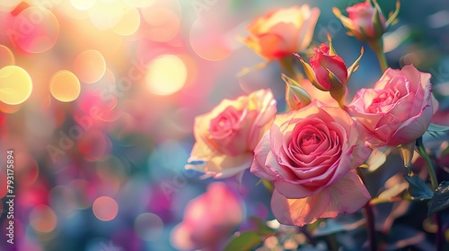 A close-up image of pink roses with green leaves and a blurry background with a bright spot in the top right corner.