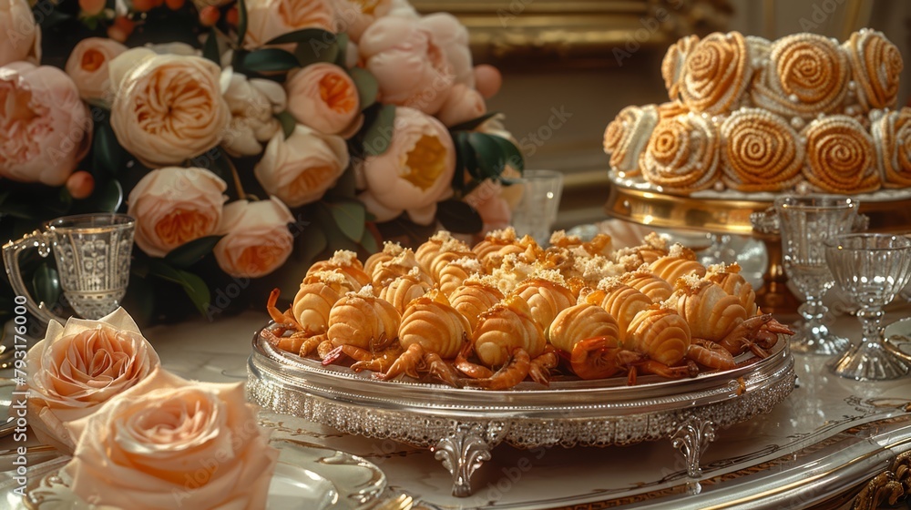   A table, laden with a platter of pastries, sits beside two vases One holds flowers, the other roses