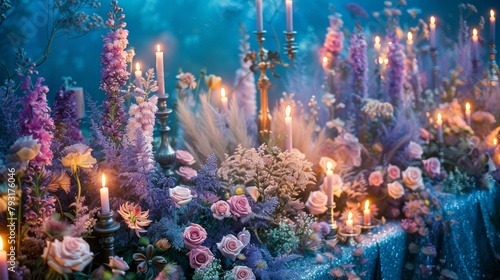  A table adorned with a profusion of purple and pink blooms sits next to tall candelabras, each brimming with lit candles © Nadia