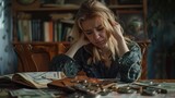 A white blonde girl appears stressed with money on a table, worried about financial troubles or budgeting.